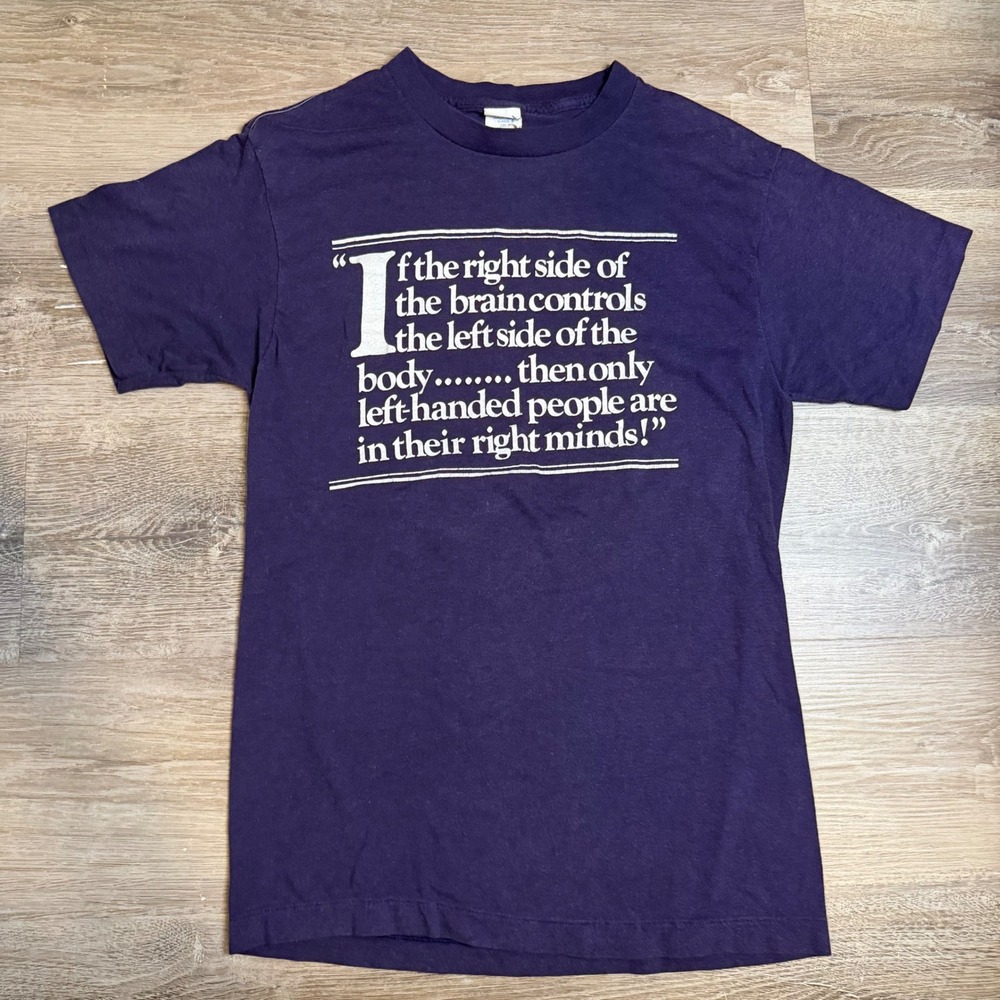 Vintage 80s Ched Anvil Left Handed People Right Minds Purple Graphic T-Shirt L